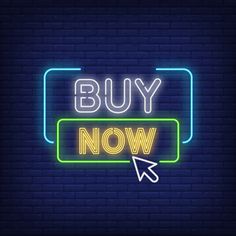 buy now neon sign with an arrow pointing to the right on a brick wall background