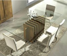 a glass table with white chairs and a wooden cabinet in the background on carpeted flooring