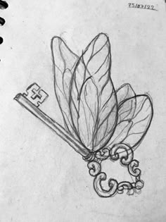 a pencil drawing of a leaf and key