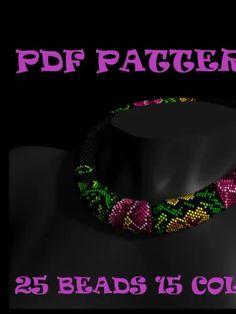 a black background with the words 25 beads 15 colors on it and a pink, green, yellow, and purple braided bracelet