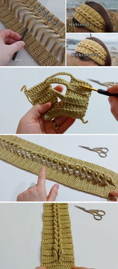 instructions to crochet the edge of a piece of cloth with scissors and yarn