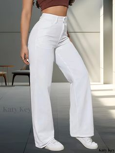 Katykey - Womens White Slant Pocket Straight Jeans: Loose Fit Non-Stretch Denim Pants, Versatile Denim Fashion White High Rise Denim Wide Leg Pants, White High-rise Wide Leg Denim Pants, White Mid-rise Wide Leg Denim Pants, Solid Stretch Pants With Five Pockets, Non-stretch Straight Leg Pants, Stretch High Rise Wide Leg Pants With Pockets, Stretch High-rise Wide Leg Pants With Pockets, Cotton Wide Leg Jeans In Solid Color, High Rise Solid Color Cotton Pants