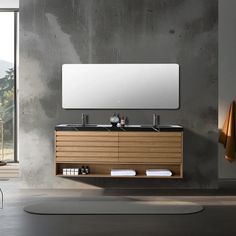 a bathroom vanity with two sinks and mirrors on the wall next to a large window