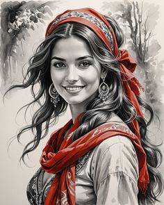 a drawing of a woman with long hair wearing a red scarf and smiling at the camera