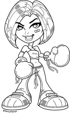 a cartoon character with an evil look on her face and hands, holding a baseball glove