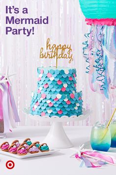 it's a mermaid party happy birthday card with donuts and cupcakes