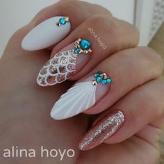 Long White Nails, Mermaid Nails, Almond Acrylic Nails, White Nail Designs, White Nail, Beach Nails, Nail Gel, Nail Arts, Gorgeous Nails