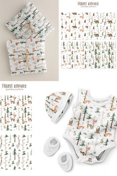 the baby's clothes and bib are all printed with forest animals on them