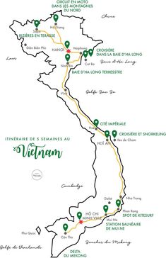 a map showing the location of various towns and roads in vietnam, with green marker markers