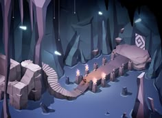 an image of a game scene with stairs and lights in the dark forest at night