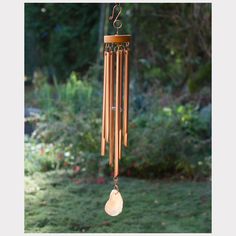 a wind chime hanging from a tree in a yard with grass and trees behind it