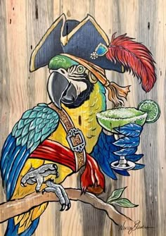 a painting of a parrot wearing a pirate hat and holding a drink