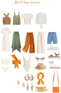 an assortment of clothes and accessories arranged in the shape of a rectangle on a white background