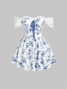 Royal Blue Boho Collar Cap Sleeve Knitted Fabric Floral,Plants,All Over Print A Line,Fit and Flare Embellished Medium Stretch  Women Plus Clothing Blue And White Top, Diy Fashion Projects, Cute Dress Outfits, Normal Clothes, Dress Design Sketches, Dress And Heels, Plus Size Dress