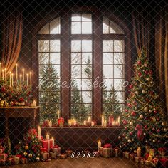 a christmas scene with candles and presents in front of a large window, decorated for the holiday season