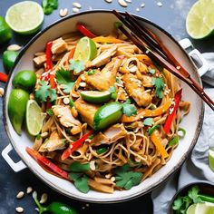 a bowl filled with noodles, chicken and veggies next to chopsticks