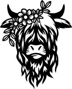 a black and white drawing of a cow with flowers on its head