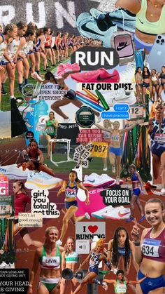 a collage of women's sports and fitness related images, including running signs