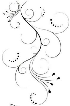 a black and white drawing of an abstract flower with swirls on the side, in front of a white background