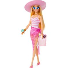 a barbie doll wearing a pink dress and hat with sunglasses on her head holding a bag