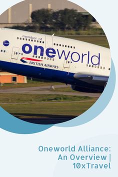 an airplane is taking off from the runway with one world alliance on it's side