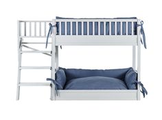 a white bunk bed with blue sheets and pillows on the bottom level, against a white background