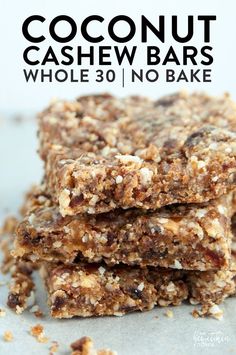 no bake coconut cashew bars stacked on top of each other with text overlay