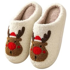 Reindeer Slippers Embroidered Slippers, Vintage Cartoons, Christmas Slippers, Winter Slippers, Warm Slippers, Holiday Patterns, Christmas Couple, Christmas Plush, Vintage Cartoon