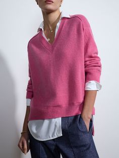 Looker hot pink layered v-neck sweater front view Zip Collar Sweater, Purple V Neck Sweater Outfit, Pink V Neck Sweater Outfit, Pink Sweater Outfit Work, Pink Sweater Outfit Aesthetic, Style V Neck Sweater, Relaxed Outfits, Easy A, Sweater Layering