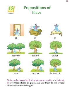 the prepositions of place in an english language book, with pictures of cats and trees