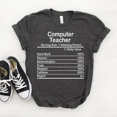 "Personalized Computer Teacher Nutrition Facts Shirt, Computer Teacher Shirt, Computer Teacher Gift, Computer Teacher T shirt ♥ This is a great personalized Computer Teacher gift that will put a big smile on the recipient's face. Gift them an unforgettable memory now! 🎀 𝐒𝐈𝐙𝐈𝐍𝐆 𝗔𝗡𝗗 𝐂𝐎𝐋𝐎𝐑𝐒 For detailed sizing information and color options, please see listing images. -B.C Only - It means that we have that color only for our Bella Canvas Tees. 📌 𝗛𝗢𝗪 𝗧𝗢 𝗢𝗥𝗗𝗘𝗥 𝟏. Select the Boss T Shirt, Bella Canvas Tees, Drummers, Smile On, Lacrosse, Unisex Shirts, Tee Design, Scuba Diving, Nutrition Facts