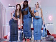 three beautiful women standing next to each other in denim outfits and holding purses on their backs