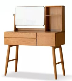 a wooden desk with a mirror and shelf on it's side, against a white background