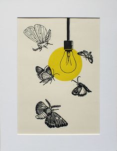 a yellow light bulb surrounded by butterflies in black and white on a cream colored background