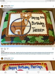 two cakes decorated to look like deer hunting in camo, with the words happy 6th birthday taner on them