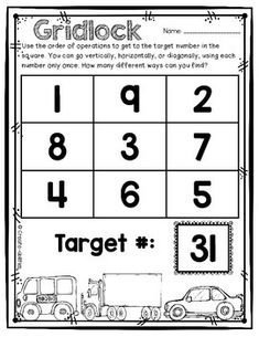 a printable worksheet for the number gridlock game with cars and trucks