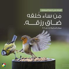 two birds feeding from a bird feeder with the words in arabic above it that read,