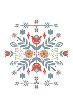 an image of a pattern with flowers and leaves on the bottom, in blue and red colors