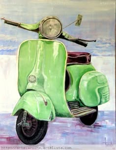 a painting of a green scooter with a bird perched on the back tire