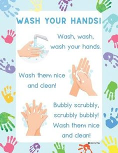 wash your hands poster with hand prints and instructions on blue background, for children to learn how to wash their hands