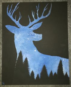 a painting of a deer with trees and stars in the night sky on a black background