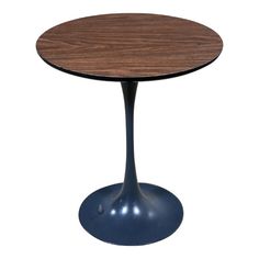 an oval table with a wooden top and blue metal base, on a white background