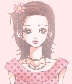 a drawing of a girl with brown hair wearing a pink dress and pearl necklaces