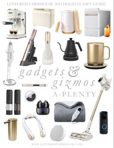 an assortment of gadgets and appliances displayed on a white background with the words, gadgets & grimos aplenty