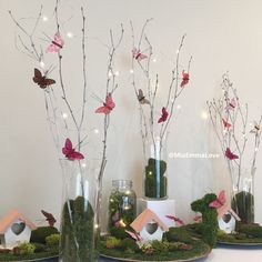 three glass vases filled with plants and butterflies on top of a table covered in moss