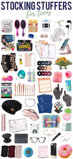 a poster with many different items on it and the words stocking stuff for less