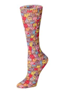 "A cute and therapeutic compression sock for those on the go! Knee Length, Closed Toe Fits Women's Shoe Sizes 5-11 Fits Calf Circumference up to 17\", Wide Calf up to 22\" 8-15 or 10-18 mm/Hg Graduated Compression 95% Nylon, 5% Spandex, Latex Free They feel good and are fashionable and fun!" Martha White, Womens Compression Socks, Socks Christmas, Cat Socks, Medical Field, Compression Socks, Wide Calf, Drip Dry, Latex Free