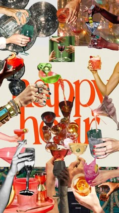 a collage of many people holding glasses and drinking wine, with the words happy hour above them