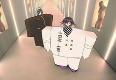 an animated image of two people walking down a hallway with suitcases on either side