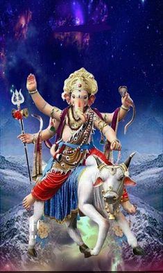 an image of lord ganesh riding on the back of a white bull in front of a sky full of stars